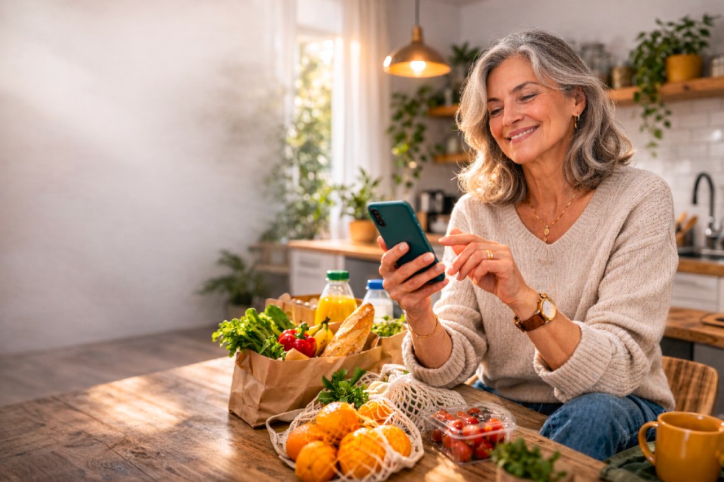 Customer with groceries and smartphone